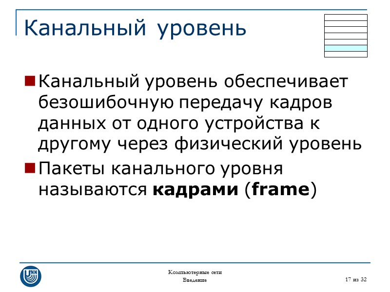 Компьютерные сети Введение 17 из 32 Канальный уровень Канальный уровень обеспечивает безошибочную передачу кадров